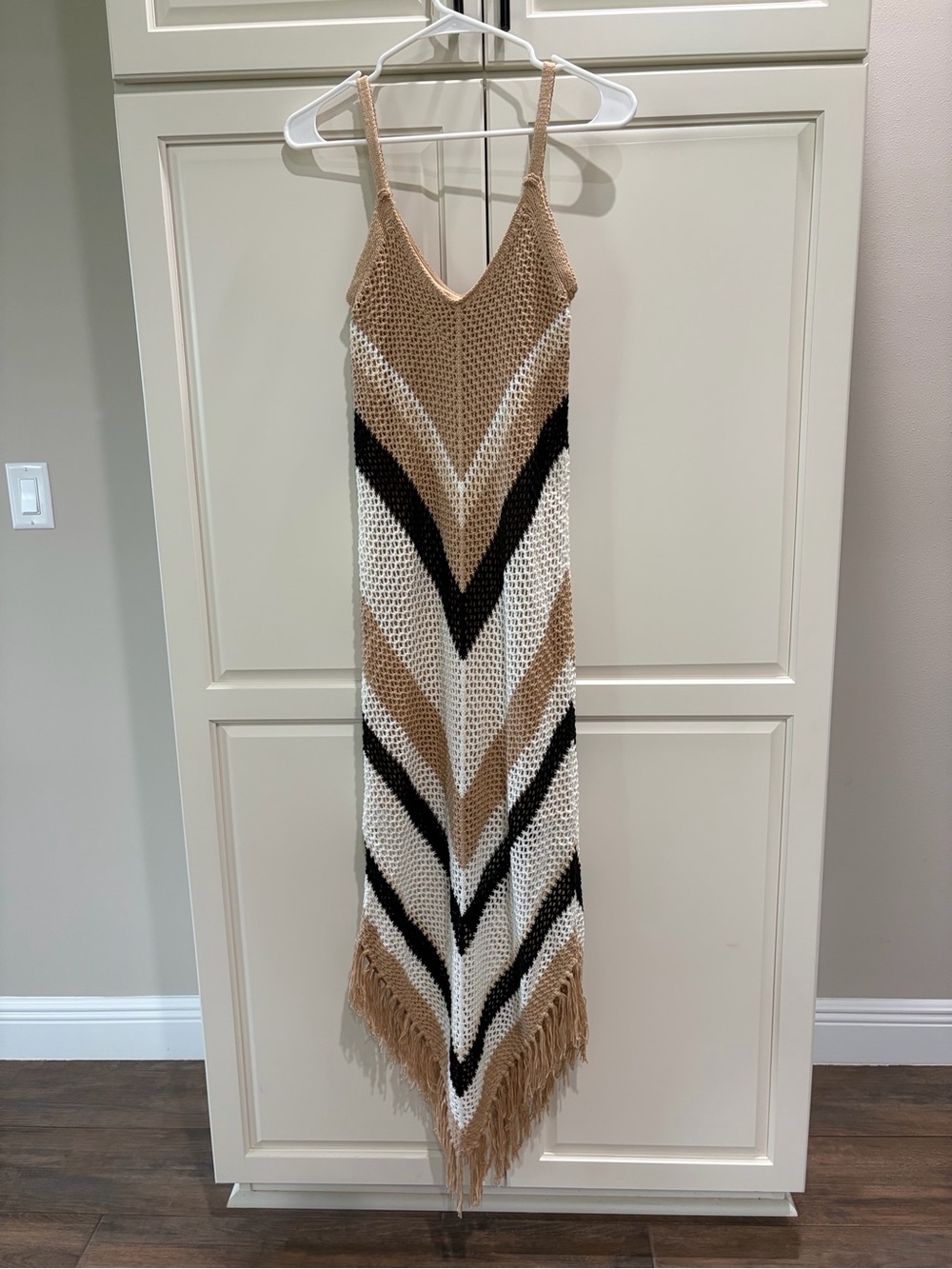 FCT With Love Chevron Knit Maxi Dress with Fringe in tan/white/black